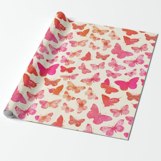 Cute Meisjesachtig Groovy Roze Vlinder Patroon Cadeaupapier (Uitgerold)