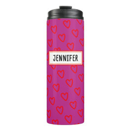 Cute Meisjesachtig Roze Rood Hart Patroon Met Naam Thermosbeker