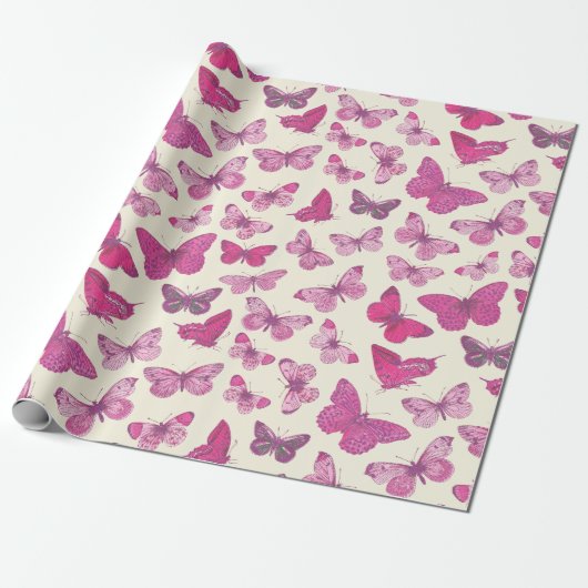 Cute Meisjesachtig Roze Vlinder Patroon Cadeaupapier (Uitgerold)
