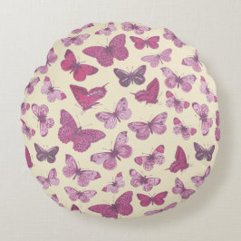 Cute Meisjesachtig Roze Vlinderpatroon op Beige Rond Kussen