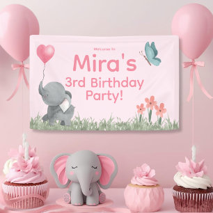 Cute Meisjesachtige en Roze Olifant Verjaardagsfee Spandoek