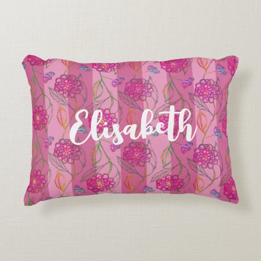 Cute & Meisjesachtige Roze Bloemen Gestreept Patro Accent Kussen (Voorkant)