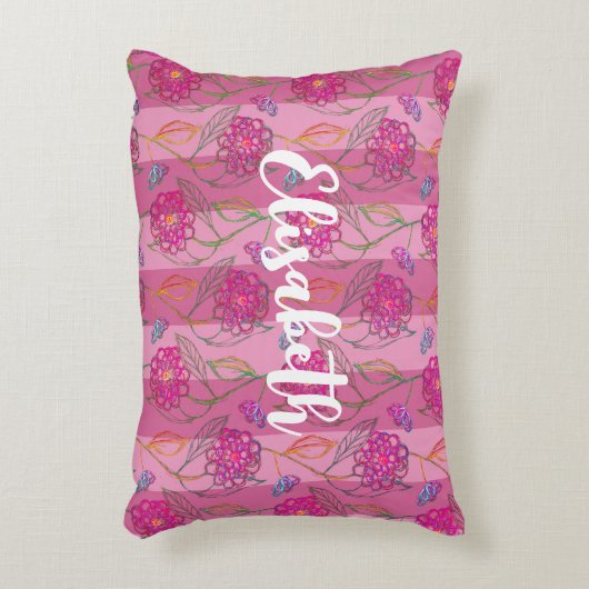 Cute & Meisjesachtige Roze Bloemen Gestreept Patro Accent Kussen (Voorkant(Verticaal))