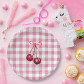 Cute Meisjesachtige Strik Kers Roze Gingham Plaid  Papieren Bordje (Feest)