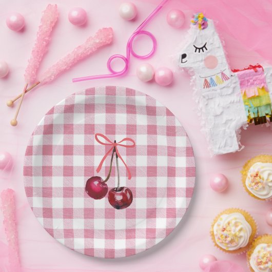 Cute Meisjesachtige Strik Kers Roze Gingham Plaid  Papieren Bordje (Feest)