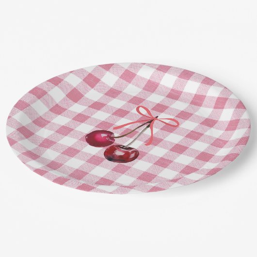 Cute Meisjesachtige Strik Kers Roze Gingham Plaid  Papieren Bordje (Gekanteld)