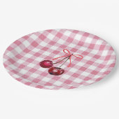 Cute Meisjesachtige Strik Kersen Roze Gingham Plai Papieren Bordje (Gekanteld)