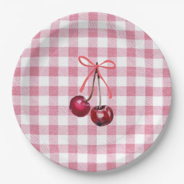 Cute Meisjesachtige Strik Kersen Roze Gingham Plai Papieren Bordje