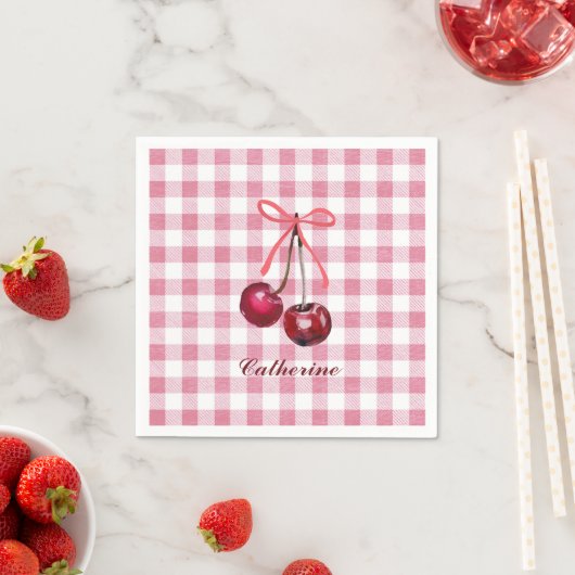 Cute Meisjesachtige Strik Kersroze Gingham Geruit Servet (Insitu)