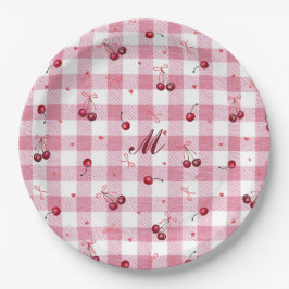 Cute Meisjesachtige Strikken Kersen Roze Gingham P Papieren Bordje