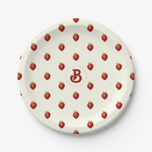 Cute meisjesnaam in rood wit aardbei monogram papieren bordje (Voorkant)