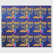 Cute Menorah & Dreidels Blue Faux Glitter Hanukkah Cadeaupapier (Vlak)