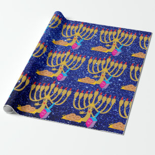 Cute Menorah & Dreidels Blue Faux Glitter Hanukkah Cadeaupapier