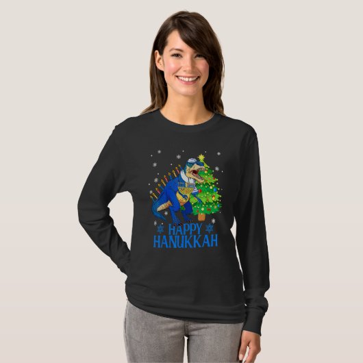 Cute Menorasaurus Rex Dinosaur Tree Christmas Happ T-shirt (Voorkant volledig)