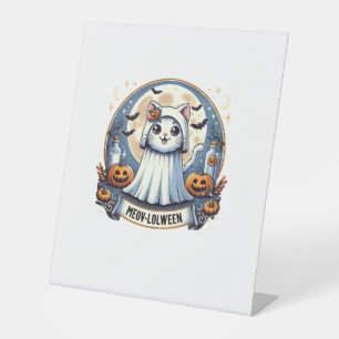 Cute Meow-lolween kat in spookkostuum Halloween A Reclamebord Met Voetstuk
