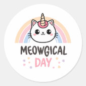 Cute "Meowgical Day" Caticorn Ronde Sticker (Voorkant)