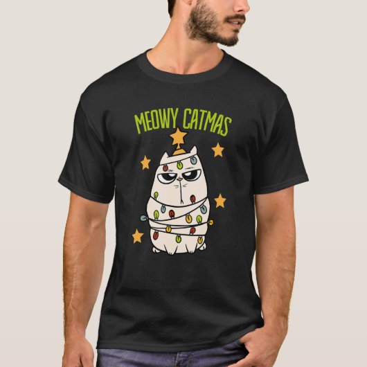 Cute Meowy Catmas Christmas Cat Tangled Up In Ligh T-shirt (Voorkant)