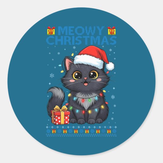 Cute Meowy Christmas Cat – Kawaii Holiday Kitty Te Ronde Sticker (Voorkant)