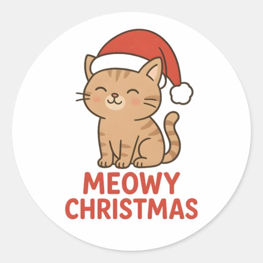 Cute Meowy Christmas Cat Santa Hat Ronde Sticker (Voorkant)