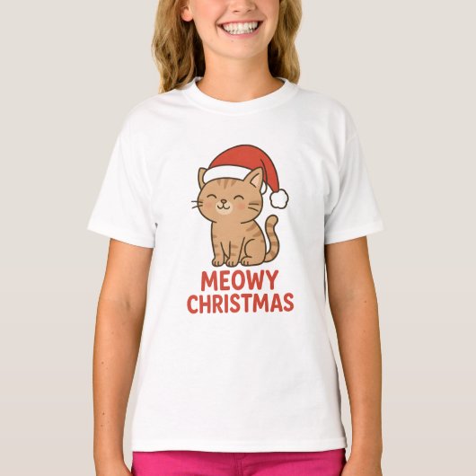 Cute Meowy Christmas Cat Santa Hat T-shirt (Voorkant)