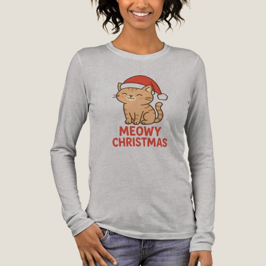 Cute Meowy Christmas Cat Santa Hat Tri-Blend Shirt (Voorkant)