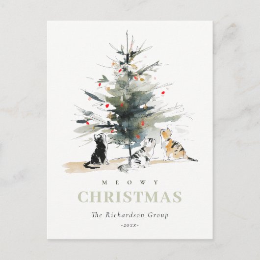 Cute Meowy Kerstboomkatten Bedrijfslogo Feestdagenkaart (Voorkant)