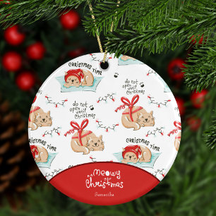 Cute Meowy kerstkat met voornaam Kerstmis Keramisch Ornament