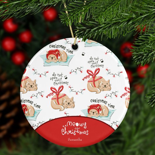 Cute Meowy kerstkat met voornaam Kerstmis Keramisch Ornament
