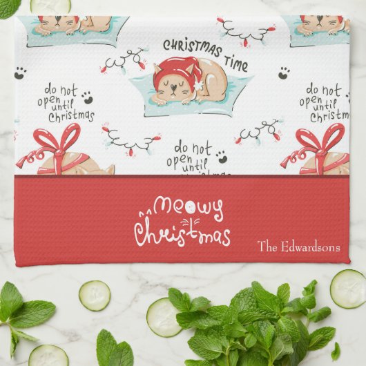 Cute Meowy Kerstmis Kat Pattern Theedoek (Gevouwen)
