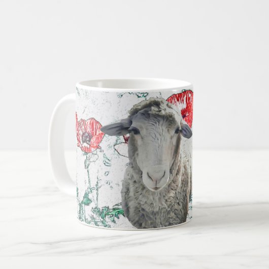 Cute Merino Sheep Animal Red Poppy Flowers Koffiemok (Voorkant links)