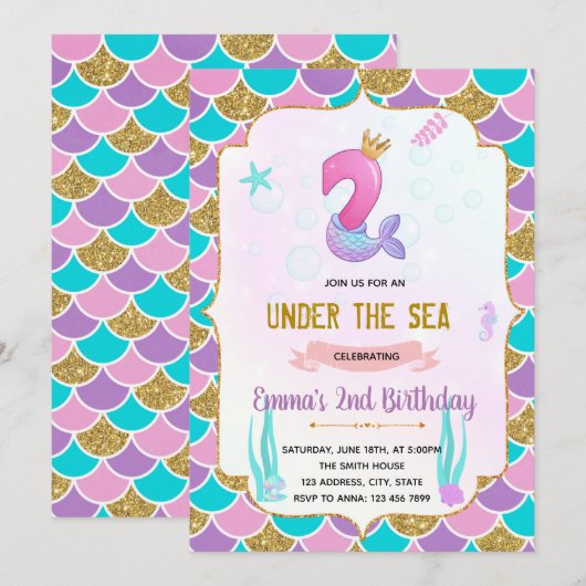 Cute mermaid 2e verjaardag uitnodiging (Voorkant / Achterkant)