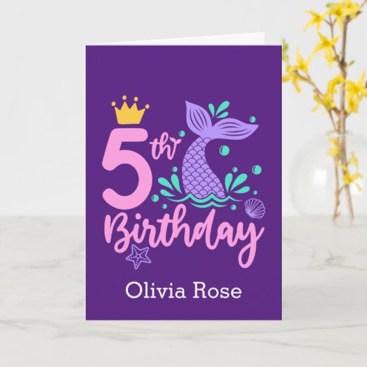 Cute Mermaid 5th Birthday Kaart (Gele Bloem)