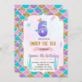 Cute mermaid 6e verjaardag uitnodiging (Voorkant / Achterkant)