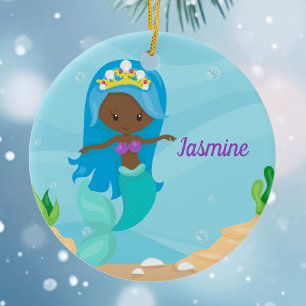 Cute Mermaid African American Beach Girl Custom Keramisch Ornament