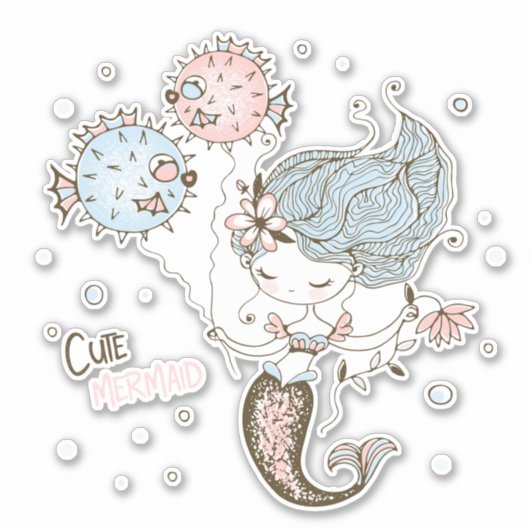 Cute Mermaid and Blowfish Tail Sticker (Voorkant)