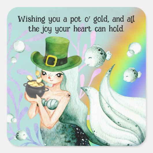 Cute Mermaid and Pot o'Gold St. Patrick's Day Vierkante Sticker (Voorkant)
