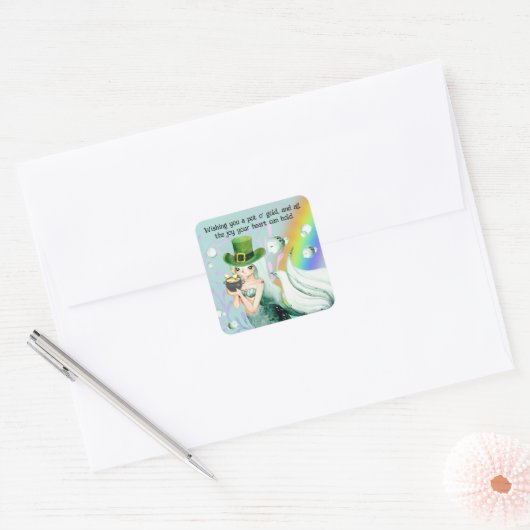 Cute Mermaid and Pot o'Gold St. Patrick's Day Vierkante Sticker (Envelop)