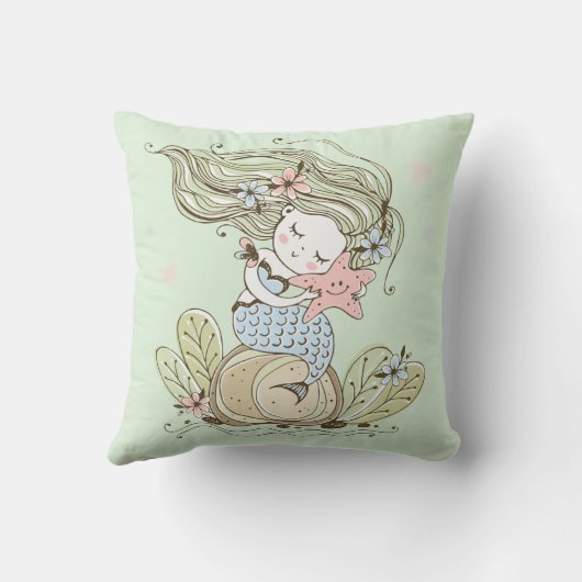 Cute Mermaid and Starfish Waterverf Girl Kussen (Achterkant)