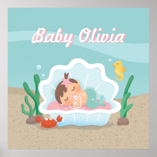 Cute Mermaid Baby Girl Nursery Decor Poster (Voorkant)