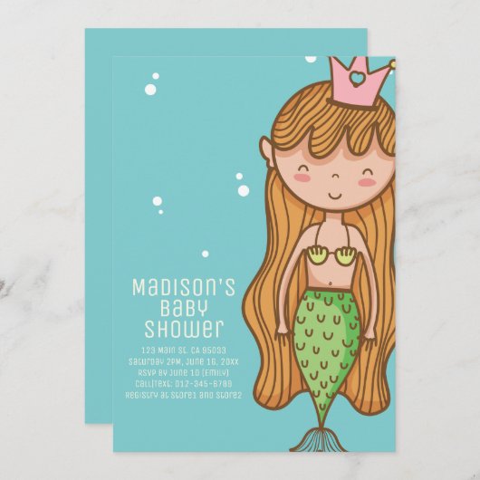 Cute Mermaid Baby shower Invitation Kaart (Voorkant / Achterkant)