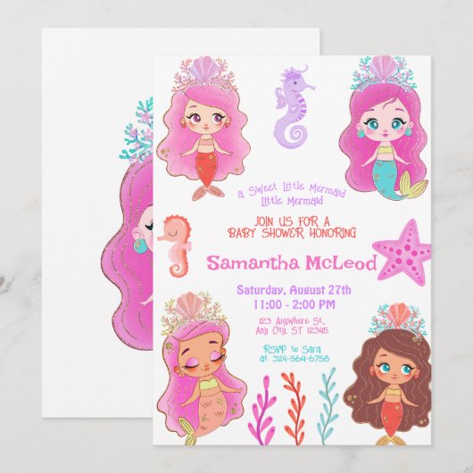 Cute Mermaid Baby Shower Under the Sea Baby Girl  Kaart (Voorkant / Achterkant)
