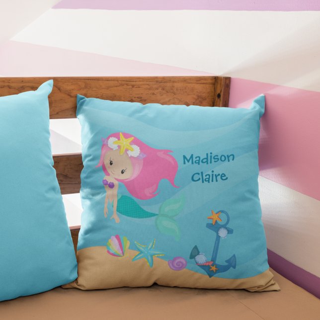 Cute Mermaid Beach Girl Beach House Kinder Room Kussen (Creator heeft geüpload)