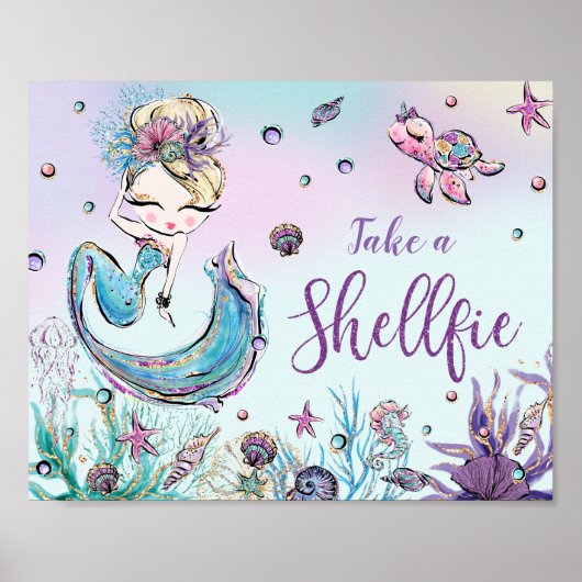 Cute Mermaid Birthday Baby Shower Take a Shellfie Poster (Voorkant)