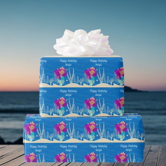 Cute Mermaid Birthday Girl Custom Blue Ocean Cadeaupapier