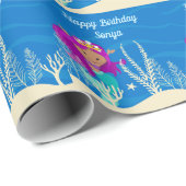 Cute Mermaid Birthday Girl Custom Blue Ocean Cadeaupapier (Rol Hoek)