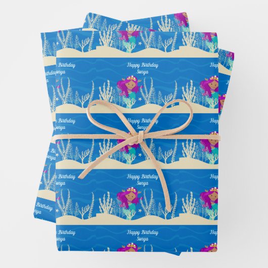 Cute Mermaid Birthday Girl Custom Blue Ocean Inpakpapier Vel (In situ)