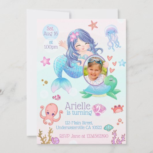 Cute Mermaid Birthday Invitation Kaart (Voorkant)