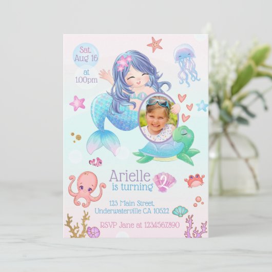 Cute Mermaid Birthday Invitation Kaart (Staand voorkant)