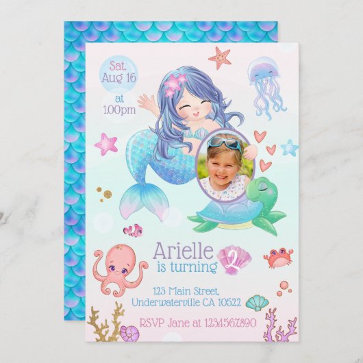 Cute Mermaid Birthday Invitation Kaart (Voorkant / Achterkant)