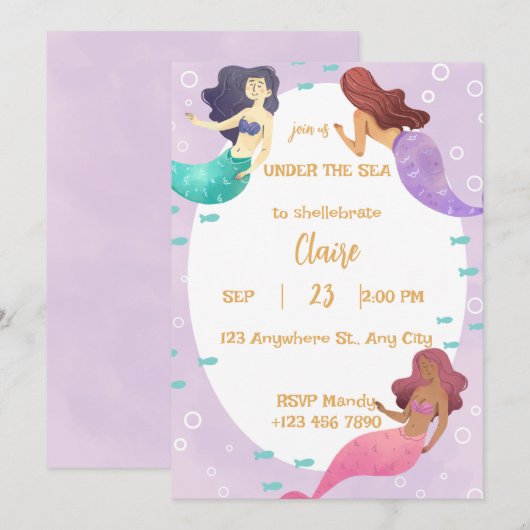 Cute Mermaid Birthday Invitation Kaart (Voorkant / Achterkant)